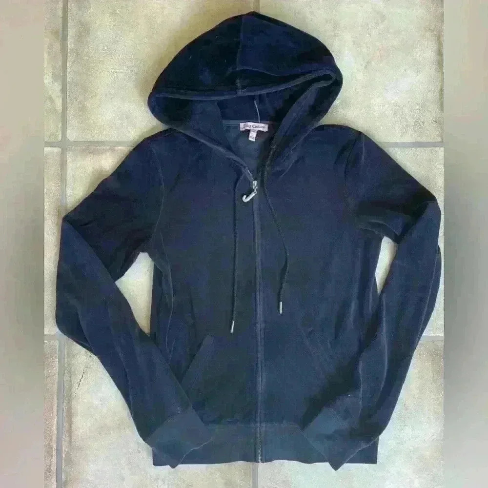 Juicy Couture Women Robertson Hoodie Jacket Navy Blue Velour Hooded Full Zip M
